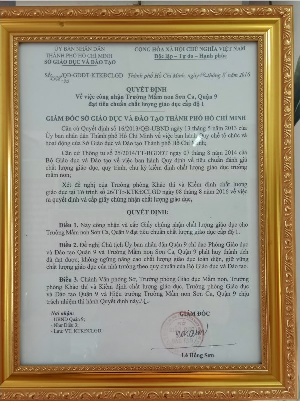 Quyết định công nhận đạt tiêu chuẩn chất lượng giáo dục năm học 2015 - 2016 